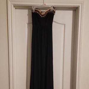bebe Black Strapless Gown with Gold Beaded Accents